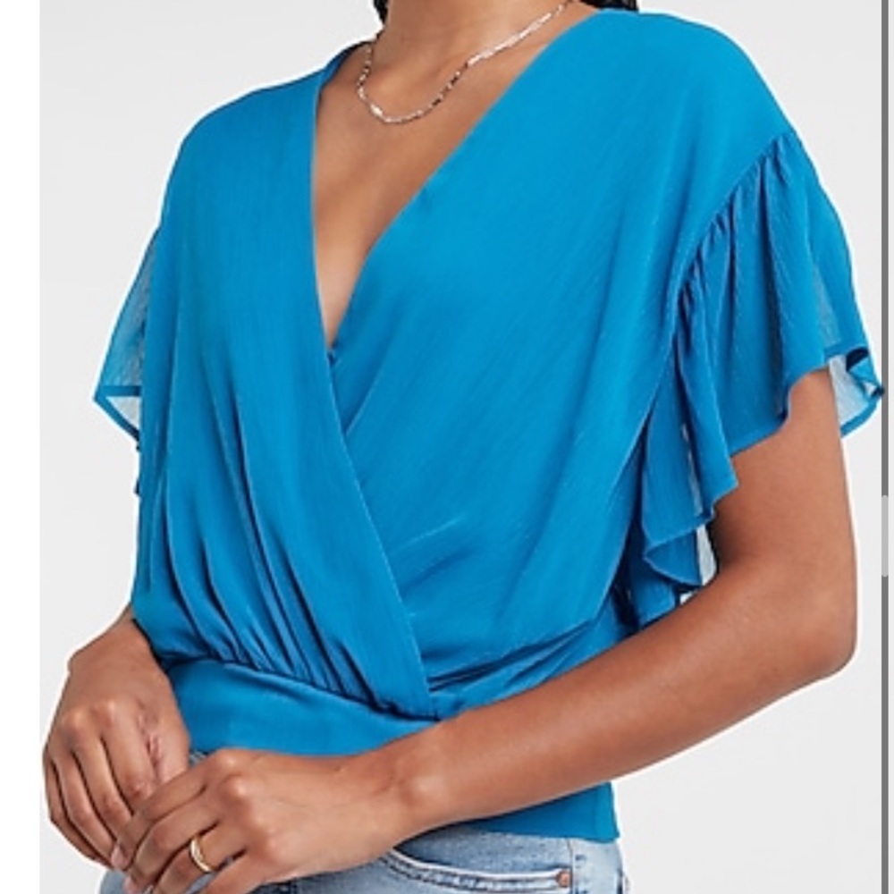 Express Size S - Blue Wrap Front Ruffle Sleeve Top